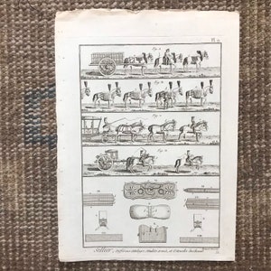 May include: A black and white illustration of different types of horse-drawn carriages and saddles. The image includes a cart, a carriage, and a saddle. The image also includes text that reads "Sellier, Diff&eacute;rens Attelages, Mulets arm&eacute;s, et Estencils du Cheval".