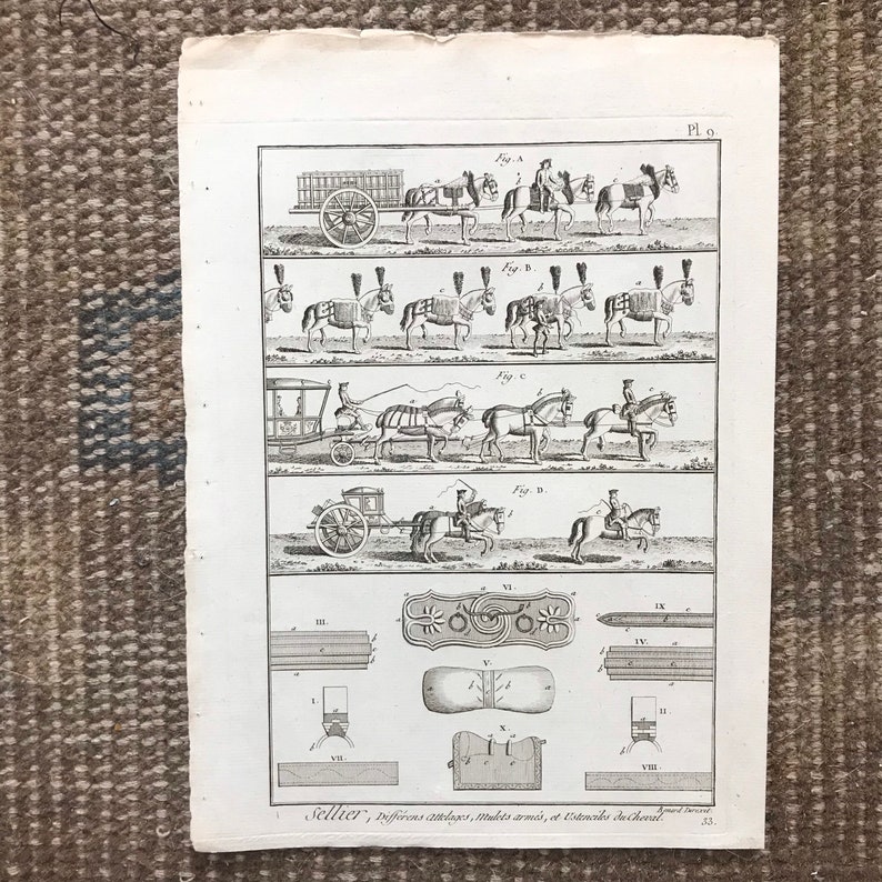 May include: A black and white illustration of different types of horse-drawn carriages and saddles. The image includes a cart, a carriage, and a saddle. The image also includes text that reads "Sellier, Diff&eacute;rens Attelages, Mulets arm&eacute;s, et Estencils du Cheval".