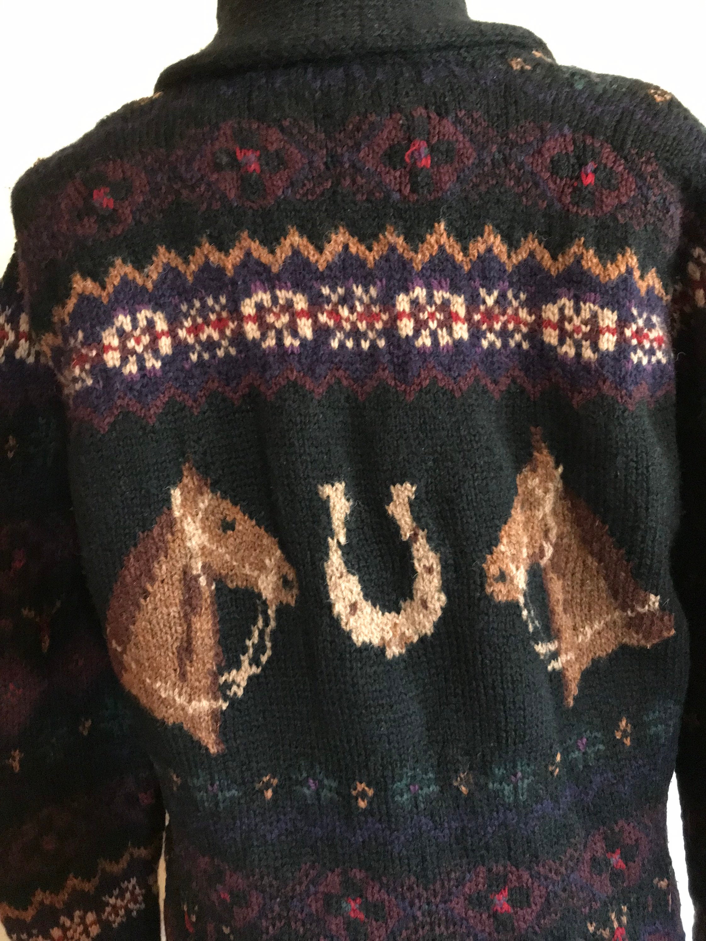 Ralph Lauren Hand Knit Sweater Coat Equestrian Fair Isle Cardigan