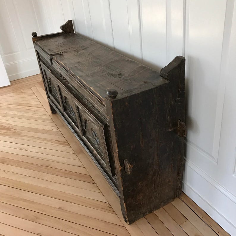 Antique Tibetan Dowry Chest 19th Century Carved Wood Himachal Pradish Ethnic Trunk Sideboard Indian Chest Primitive Tribal Chest