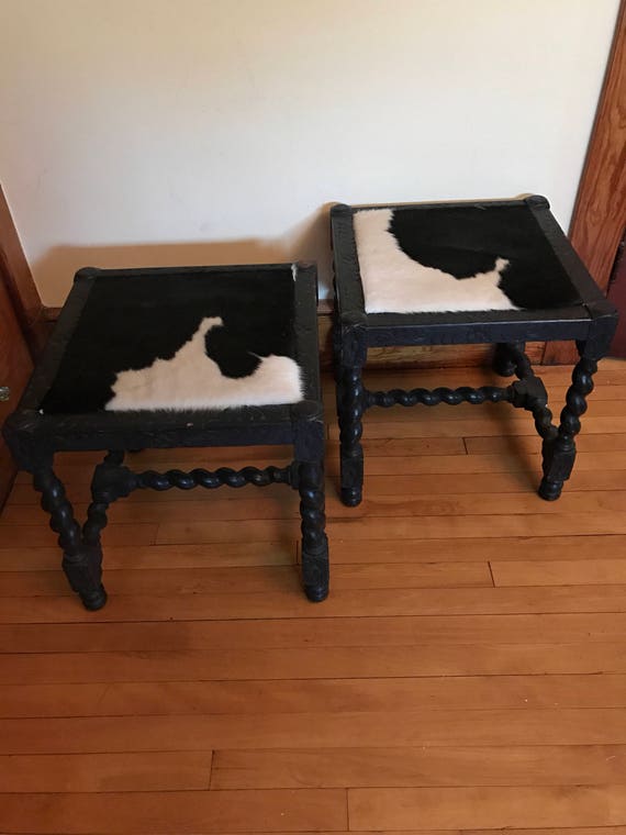 Antique French Stools Cowhide Stools Barley Twist Stools Wood  French Bench Ottomans