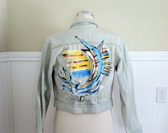 Ralph Lauren Jacket Hand Painted Vintage Fish Jacket Rare Polo Made in USA Killer cool Ralph Lauren Blue Label Denim Jean Jacket Nautical M