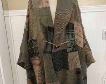 Ralph Lauren Cape Patchwork Cloak Toggle Ponco Sweater Vintage Hand knit Shawl Collar Vintage Heritage Polo Pieced Blue Label