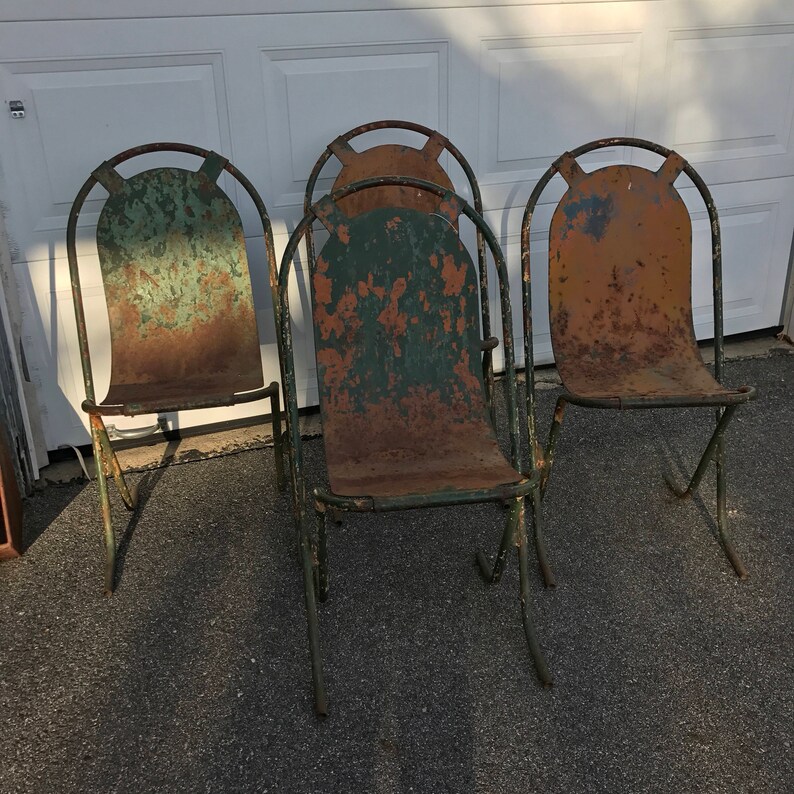Vintage French Bistro Chairs Cafe Chairs Industrial Chairs Steel Garden Chairs Rusted Dining Chairs Mid Century Chairs Green Paint