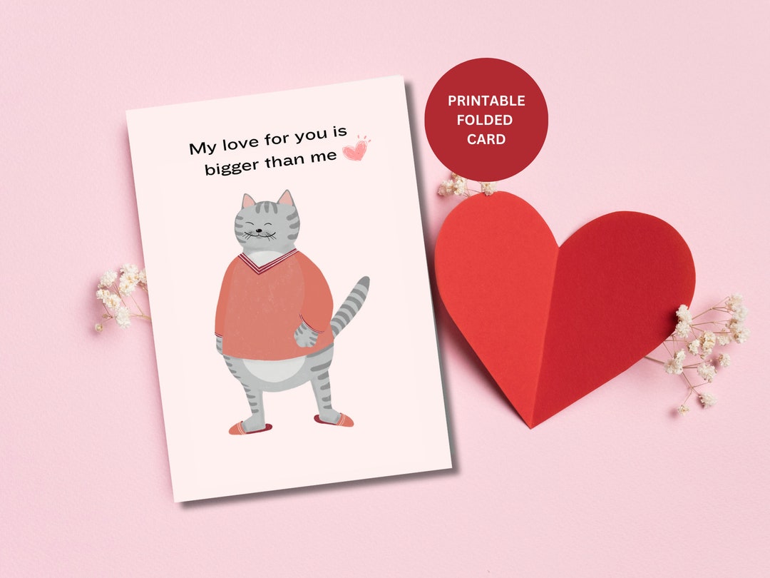 Printable Valentines Day With Cute Fat Cat, Greeting Card With Fat Cat ...