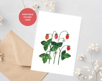 Printable strawberry folded card, botanical strawberry card, watercolor strawberry, red berries card, A6 watercolor card, summer print card