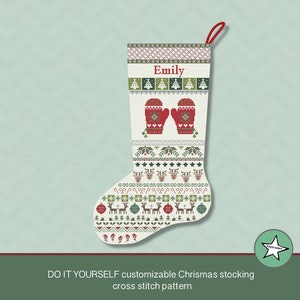 Christmas stocking cross stitch pattern mitten, DIY customizable with name, Christmas decoration,  PDF, ** instant download**