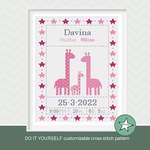 Cross stitch pattern  baby birth sampler, birth announcement, giraffes family, pink, baby girl, DIY customizable ** instant download**