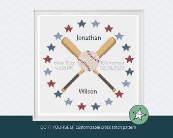 Cross stitch pattern baby birth sampler baseball, birth announcement, baby boy or girl, DIY customizable pattern** instant download**