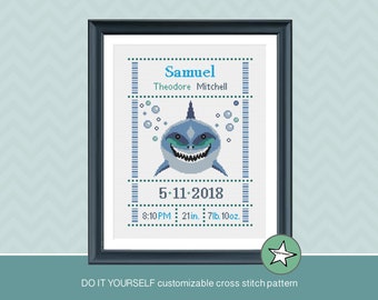 cross stitch baby birth sampler, birth announcement, shark, baby boy, DIY customizable pattern** instant download**