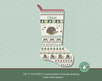 Weihnachtsstrumpf Kreuzstichvorlage Igel rechts, DIY personalisierbar mit Namen, Weihnachtsdeko, PDF, **Sofort-Download**