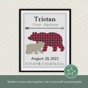 Cross stitch pattern baby birth sampler bear buffalo plaid birth announcement, baby, DIY customizable pattern** instant download**