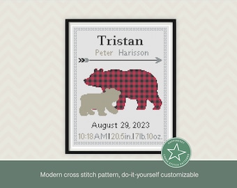 Cross stitch pattern baby birth sampler bear buffalo plaid birth announcement, baby, DIY customizable pattern** instant download**