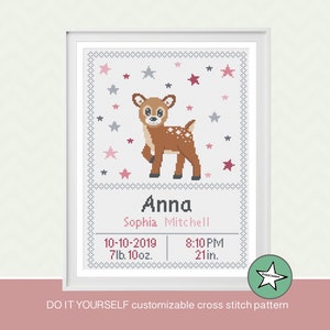 Cross stitch pattern birth sampler baby deer, birth announcement, deer, stars, pink DIY customizable pattern**pdf**