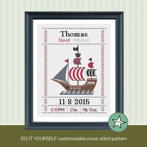 cross stitch baby birth sampler, birth announcement, pirate ship, baby boy, DIY customizable pattern** instant download**