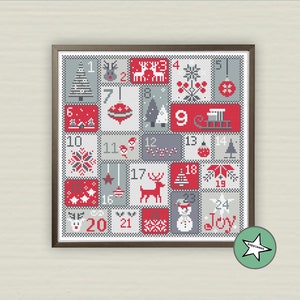Christmas cross stitch pattern, advent calendar, 24 days count down, red grey, Christmas decoration, PDF, ** instant download**