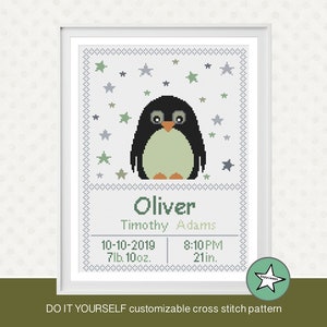 Cross stitch pattern baby birth sampler, birth announcement, penguin and stars, baby boy or girl, DIY customizable pattern** download**