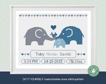 cross stitch baby birth sampler, birth announcement, elephant with baby, baby boy, DIY customizable pattern** instant download**