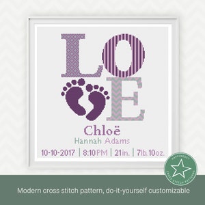 Kreuzstich Stickmuster für Geburt, Geburtsanzeige, LOVE, Baby Füße, lila, Mädchen, DIY anpassbares Muster** PDF**