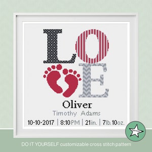 Cross stitch pattern baby birth sampler, LOVE, baby feet, black and grey, baby boy girl, DIY customizable pattern** instant download PDF**