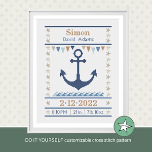 Cross stitch pattern baby birth sampler, birth announcement, anchor, nautic, baby boy or girl, DIY customizable pattern** instant download**
