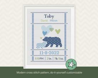 Cross stitch pattern baby birth sampler bear & baby bear, birth announcement, baby boy, DIY customizable pattern** instant download**