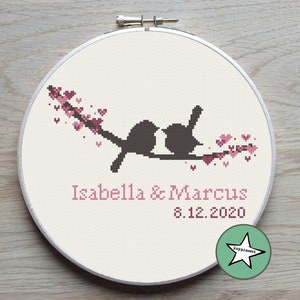 Wedding cross stitch pattern, love birds on twig, DIY customizable, modern pattern, wedding anniversary PDF, ** instant download**