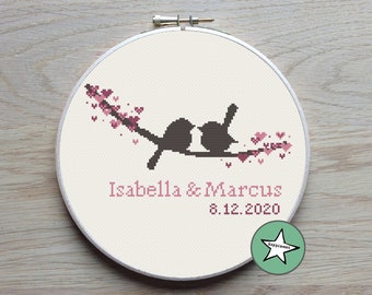 Wedding cross stitch pattern, love birds on twig, DIY customizable, modern pattern, wedding anniversary PDF, ** instant download**