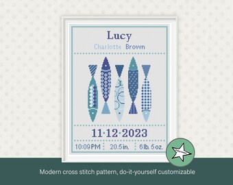 cross stitch baby birth sampler fish, birth announcement, blues, DIY customizable pattern** instant download**