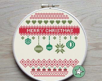 christmas cross stitch pattern, merry christmas, modern cross stitch,  nordic baubles, PDF ** instant download**