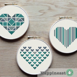 geometric modern cross stitch pattern heart, set of 3,  valentine hearts, PDF pattern ** instant download**