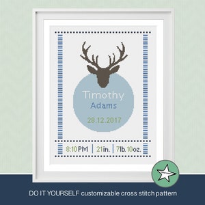 cross stitch baby birth sampler, birth announcement, deer, baby boy, woodland,  DIY customizable pattern** instant download**