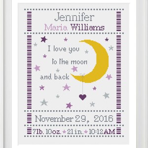 cross stitch birth sampler, birth announcement, I love you to the moon and back, purples, baby girl, DIY customizable pattern download image 5