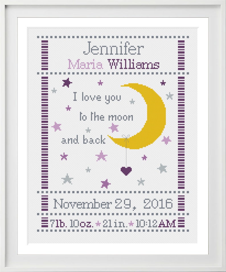 cross stitch birth sampler, birth announcement, I love you to the moon and back, purples, baby girl, DIY customizable pattern download image 5