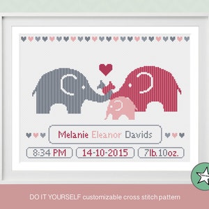 cross stitch baby birth sampler, birth announcement, elephant with baby, baby girl, DIY customizable pattern** instant download**