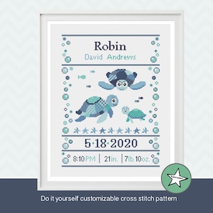 Padrão de ponto cruz amostrador de nascimento de bebê família de tartarugas marinhas, anúncio de nascimento de blues, padrão personalizável DIY ** download instantâneo **