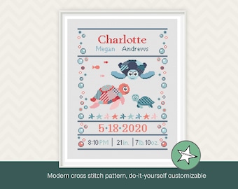 Cross stitch pattern birth sampler sea turtle family, blues and coral, birth announcement, DIY customizable pattern** instant download**