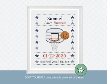 Cross stitch pattern baby birth sampler basketball, birth announcement, baby boy or girl, DIY customizable pattern** instant download**
