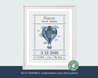 cross stitch baby birth sampler, birth announcement, hot air balloon, baby boy, DIY customizable pattern** instant download**