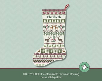 Christmas stocking cross stitch pattern reindeer, DIY customizable with name, Christmas decoration,  PDF, ** instant download**