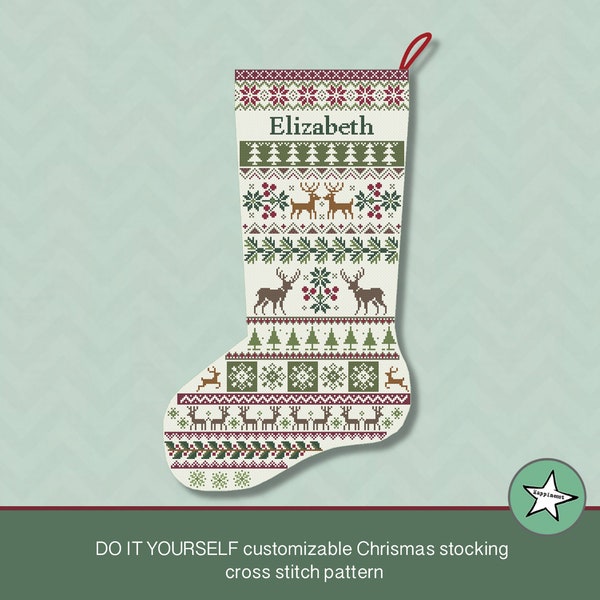 Christmas stocking cross stitch pattern reindeer, DIY customizable with name, Christmas decoration,  PDF, ** instant download**