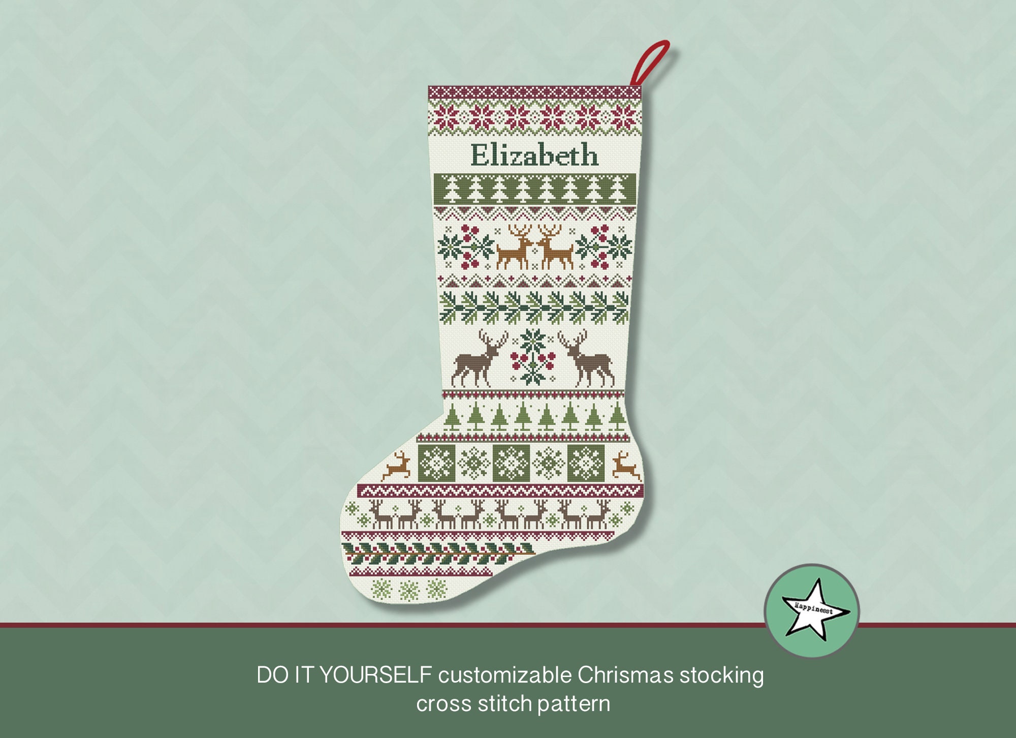 Christmas stocking cross stitch pattern reindeer, DIY customizable with  name, Christmas decoration, PDF ** instant download**