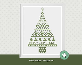 Nordic Christmas Tree Cross Stitch Pattern, Folk Art (PDF)