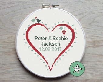 Wedding Heart Cross Stitch Pattern, DIY Customizable Anniversary Gift (PDF)