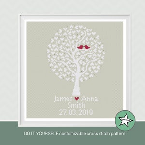 Wedding cross stitch pattern, love tree, wedding tree, round, white, customizable, , wedding anniversary PDF, DIY ** instant download**