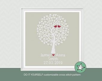 Wedding Tree Cross Stitch Pattern, Customizable Anniversary Gift (PDF Pattern)