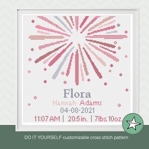 Cross stitch pattern baby birth sampler sunburst, birth announcement, pinks, girl, DIY customizable pattern** instant download**