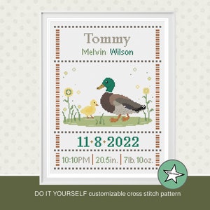 Cross stitch pattern baby birth sampler duck, birth announcement, farm, baby duck, DIY customizable pattern** instant download**