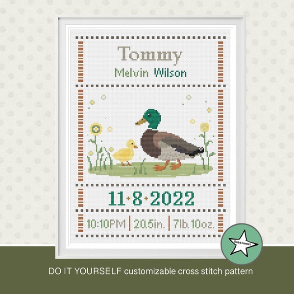 Duck Birth Sampler Cross Stitch Pattern, Customizable DIY (Digital Download)