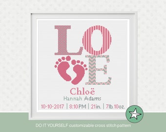 Cross stitch pattern baby birth sampler, birth announcement, LOVE, baby feet, baby girl, pink, DIY customizable pattern** instant download**